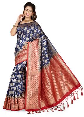 Blue printed art silk saree with blouse 1