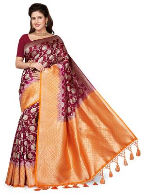Purple printed art silk saree with blouse 1