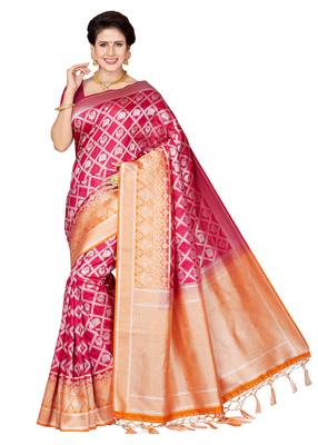 Pink printed art silk saree with blouse 1
