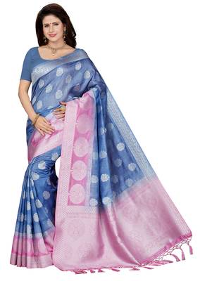 Blue printed art silk saree with blouse 1