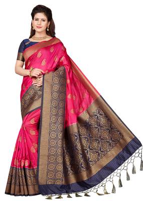 Pink printed art silk saree with blouse 1