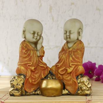 Set of 2 Orange Monks Polyresin Tealight Holder 1