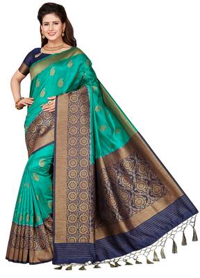 Blue printed art silk saree with blouse 1