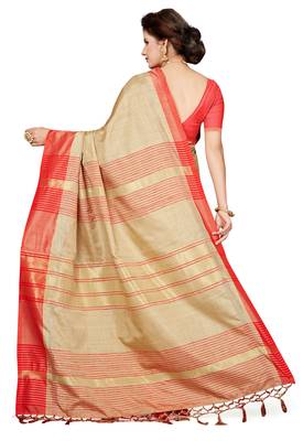 Beige printed art silk saree with blouse 2