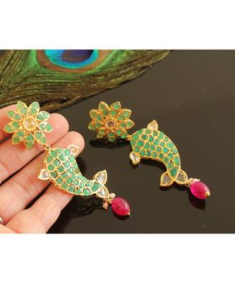 Gorgeous Gold Tone Real Uncut Polki Fish Earrings Jhumka  1