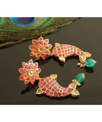 Gorgeous Gold Tone Real Uncut Polki Fish Earrings Jhumka  1