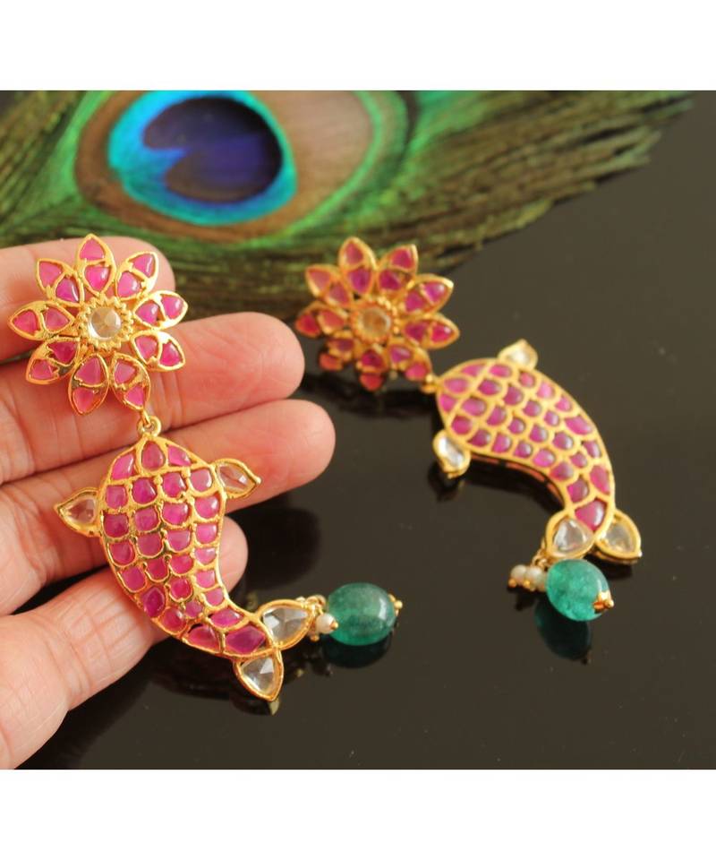 Gorgeous Gold Tone Real Uncut Polki Fish Earrings Jhumka 