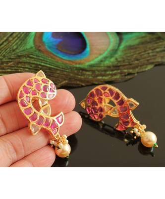Gorgeous Gold Tone Real Uncut Polki Fish Earrings  1