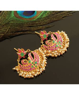 Gorgeous Gold Tone Real Uncut Polki Peacock Bali Earrings  1
