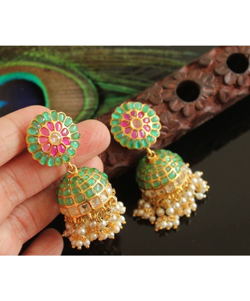 Gorgeous Gold Tone Real Uncut Polki Peacock Jhumka 