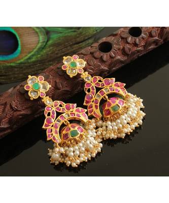 Gorgeous Gold Tone Real Uncut Polki Peacock Jhumka  1