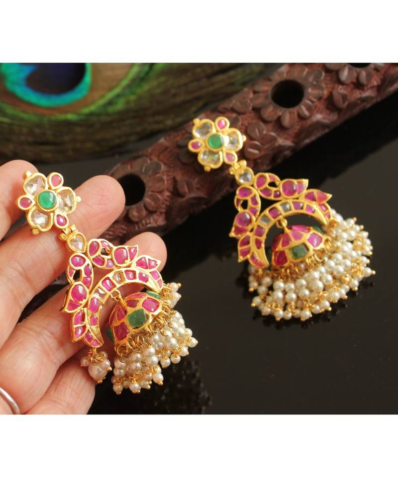 Gorgeous Gold Tone Real Uncut Polki Peacock Jhumka 