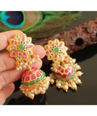 Gorgeous Gold Tone Real Uncut Polki Flower Jhumka 2