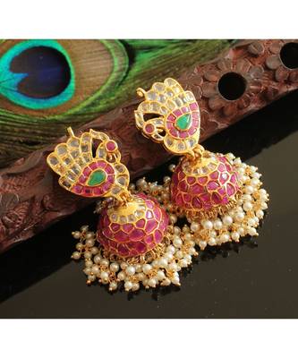 Gorgeous Gold Tone Real Uncut Polki Peacock Jhumka 1