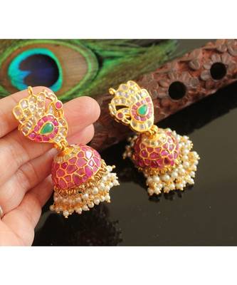 Gorgeous Gold Tone Real Uncut Polki Peacock Jhumka 2