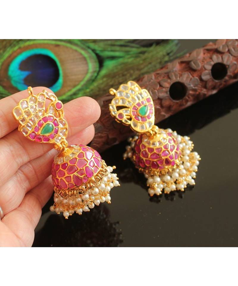 Gorgeous Gold Tone Real Uncut Polki Peacock Jhumka