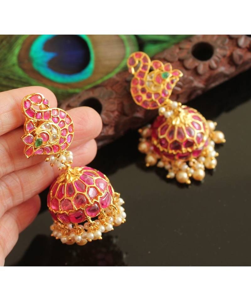 Gorgeous Gold Tone Real Uncut Polki Peacock Jhumka