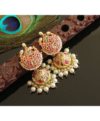 Gorgeous Gold Tone Real Uncut Polki Moon Jhumka  1