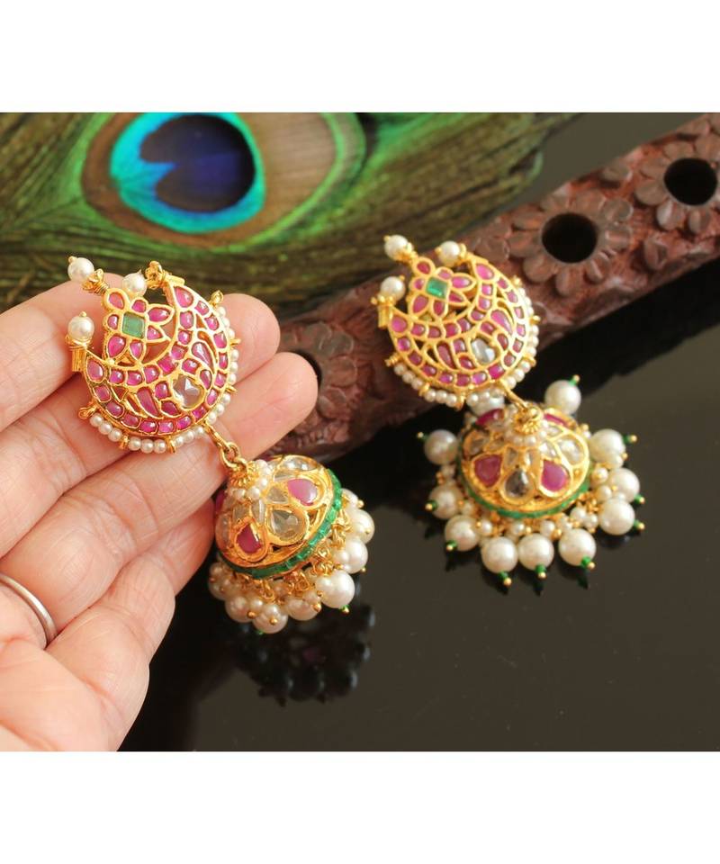 Gorgeous Gold Tone Real Uncut Polki Moon Jhumka 