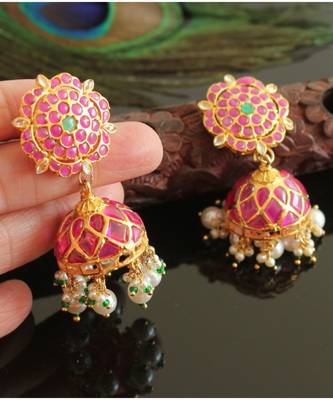 Gorgeous Gold Tone Real Uncut Polki Flower Jhumka  1