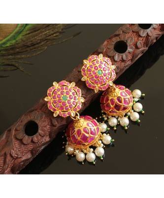 Gorgeous Gold Tone Real Uncut Polki Flower Jhumka  2