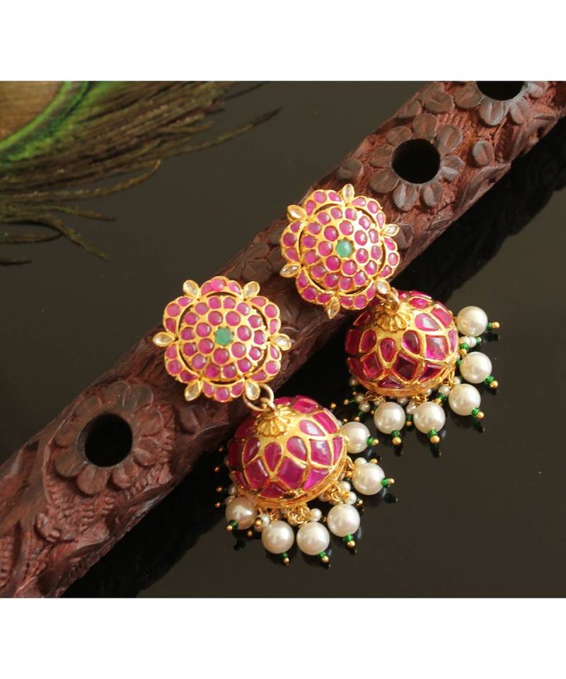 Gorgeous Gold Tone Real Uncut Polki Flower Jhumka 