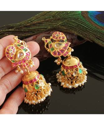 Gorgeous Gold Tone Real Uncut Polki Peacock Jhumka 1