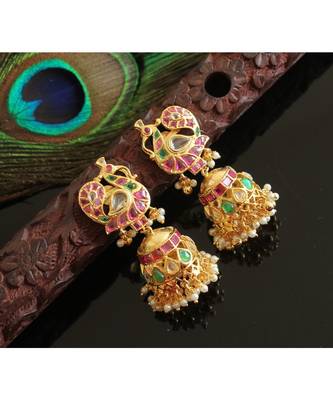 Gorgeous Gold Tone Real Uncut Polki Peacock Jhumka 2