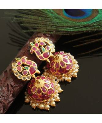 Gorgeous Gold Tone Real Uncut Polki Peacock Jhumka  1