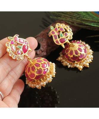Gorgeous Gold Tone Real Uncut Polki Peacock Jhumka  2