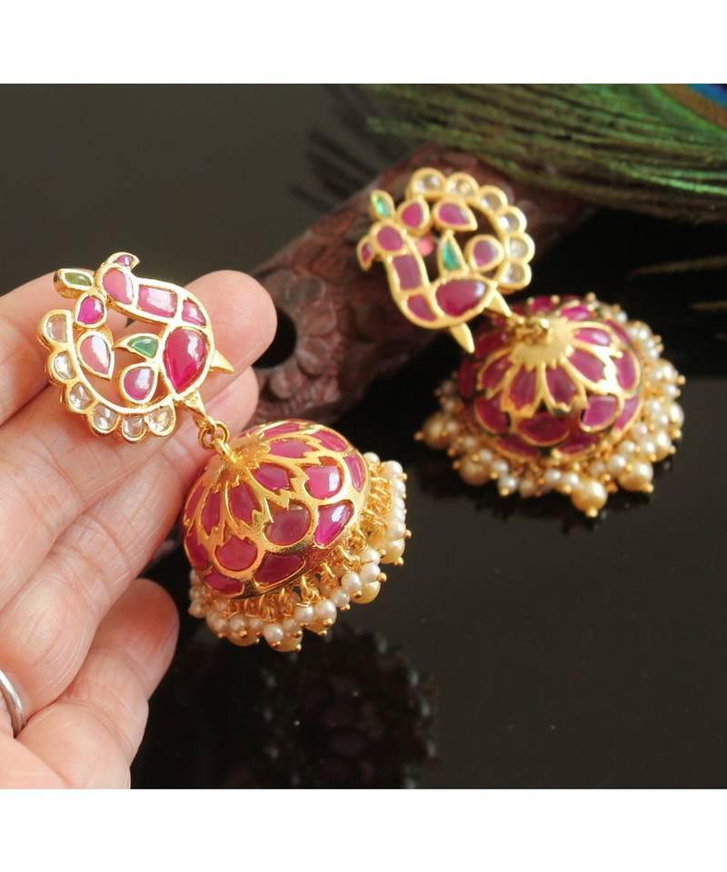 Gorgeous Gold Tone Real Uncut Polki Peacock Jhumka 