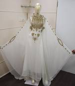 White Zari Work Chiffon Polyester Islamic Party Wear Festive Kaftan Farasha