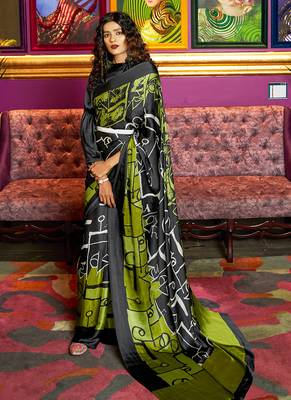 multicolor printed satin saree with blouse 1