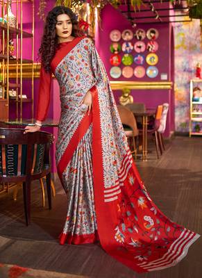 multicolor printed satin saree with blouse 1