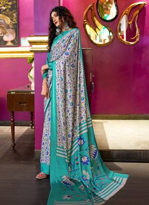 multicolor printed satin saree with blouse 1