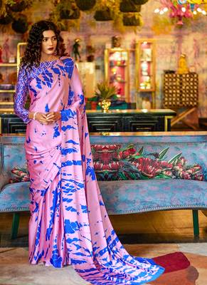 multicolor printed satin saree with blouse 1