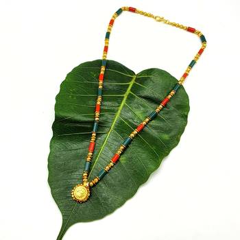 Women'S Pride Mangalsutra Gold Laxmi Coin Pendant Green Orange Beads Single Line Layer Short Mangalsutra Necklace 1