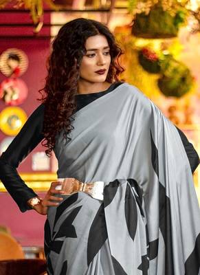 multicolor printed satin saree with blouse 2