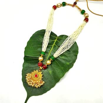 Women'S Pride Necklace Multi Strand Golden Pendant With Red Stone Multicolor Bead Mala Multi Layer Mangalsutra Jewellery 1