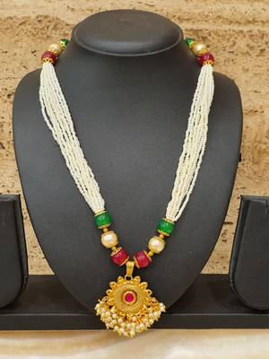 Women'S Pride Necklace Multi Strand Golden Pendant With Red Stone Multicolor Bead Mala Multi Layer Mangalsutra Jewellery 3
