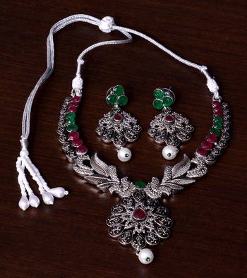 Stone Embellished Silver Oxidised Designer Necklace cum Earrings 317FNN155 1