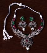 Stone Embellished Silver Oxidised Designer Necklace cum Earrings 317FNN155