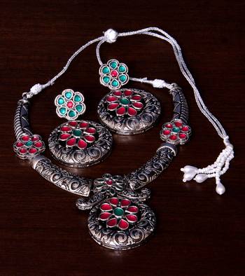 Stone Embellished Silver Oxidised Designer Necklace cum Earrings 317FNN156 1