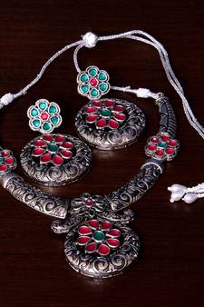 Stone Embellished Silver Oxidised Designer Necklace cum Earrings 317FNN156