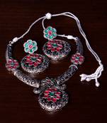 Stone Embellished Silver Oxidised Designer Necklace cum Earrings 317FNN156