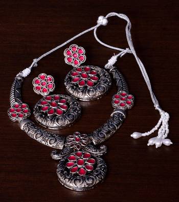 Stone Embellished Silver Oxidised Designer Necklace cum Earrings 317FNN157 1