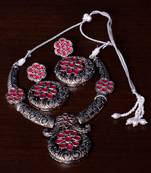 Stone Embellished Silver Oxidised Designer Necklace cum Earrings 317FNN157
