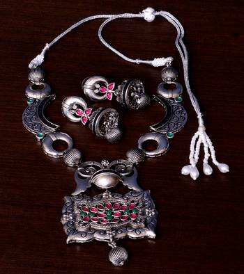 Stone Embellished Silver Oxidised Designer Necklace cum Earrings 317FNN158 1