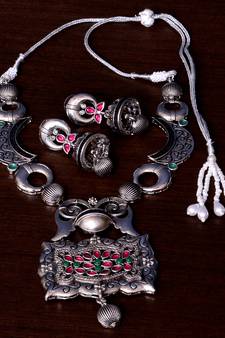 Stone Embellished Silver Oxidised Designer Necklace cum Earrings 317FNN158