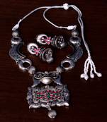 Stone Embellished Silver Oxidised Designer Necklace cum Earrings 317FNN158